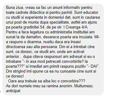 Read more about the article O educatoare, care a venit să se angajeze la grădinița, ținută după poartă și intervievată prin „domofon”
